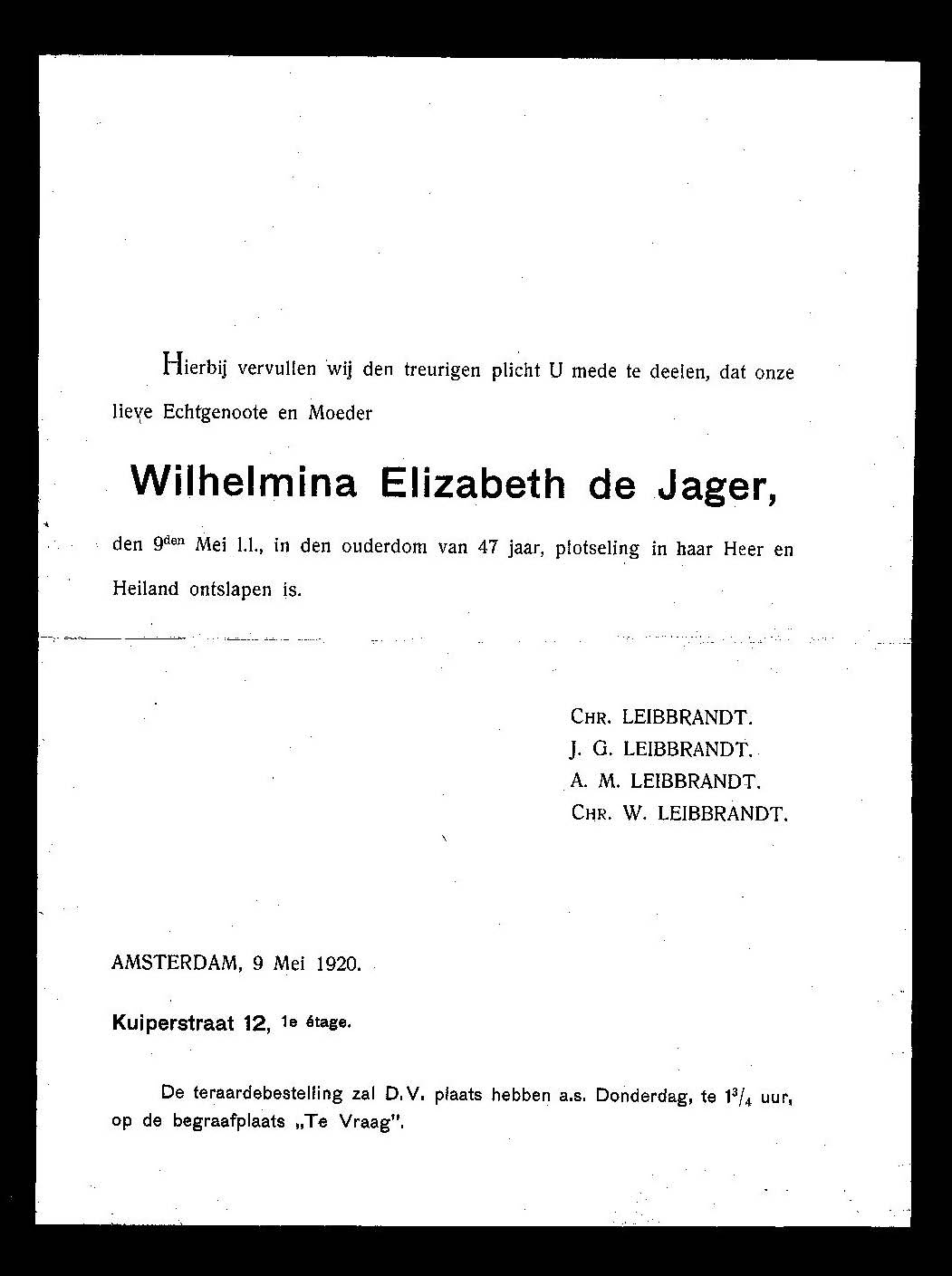 Overlijdensbericht van Wilhemina E.Leibbrandt-de Jager, 1920.jpg